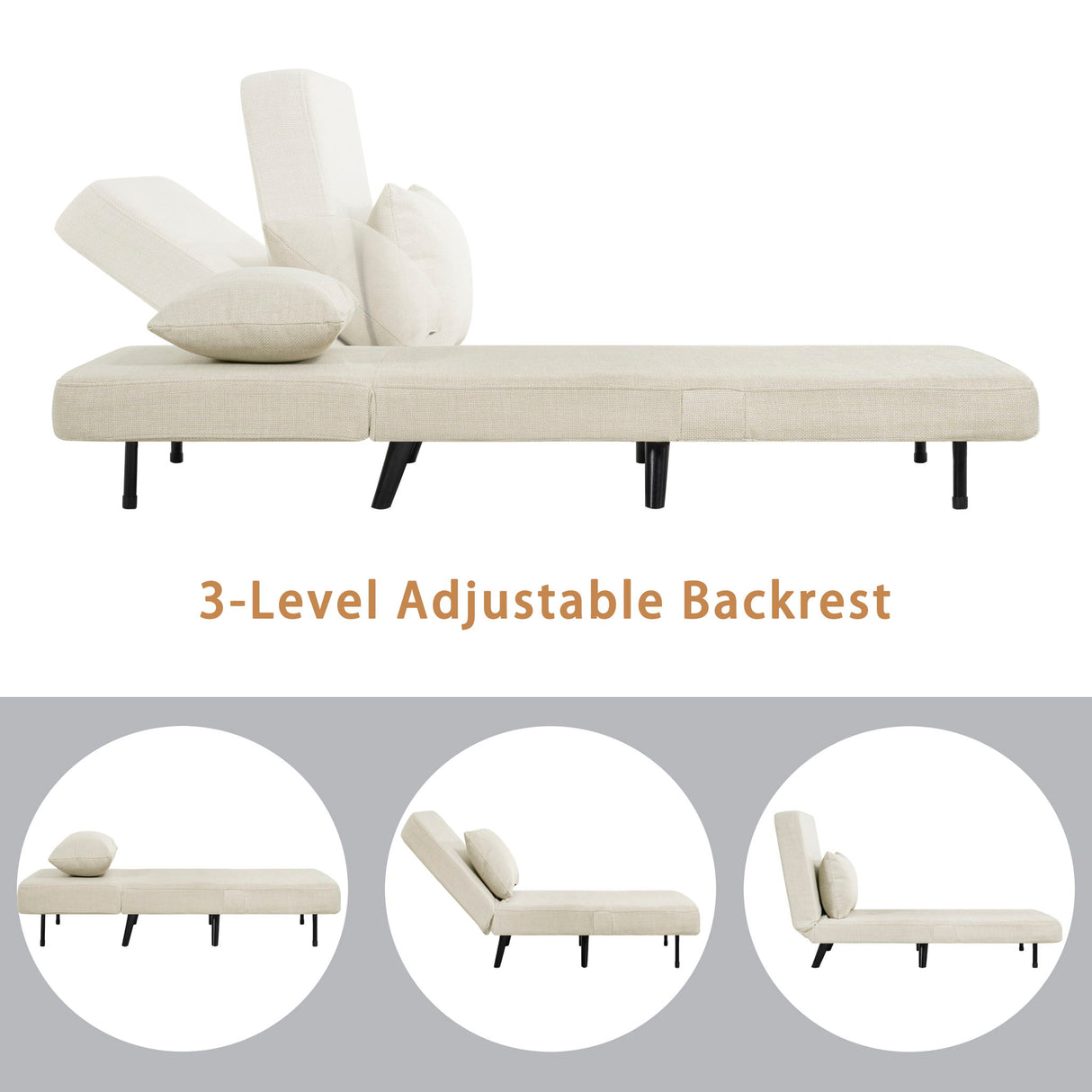3 In 1 Foldable Linen Chaise Lounge With Adjustable Backrest