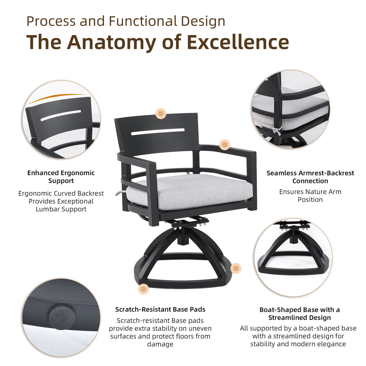 Outdoor Patio Dining Set, Squircle Dining Table, Dining Chairs With Sunbrella Cushions