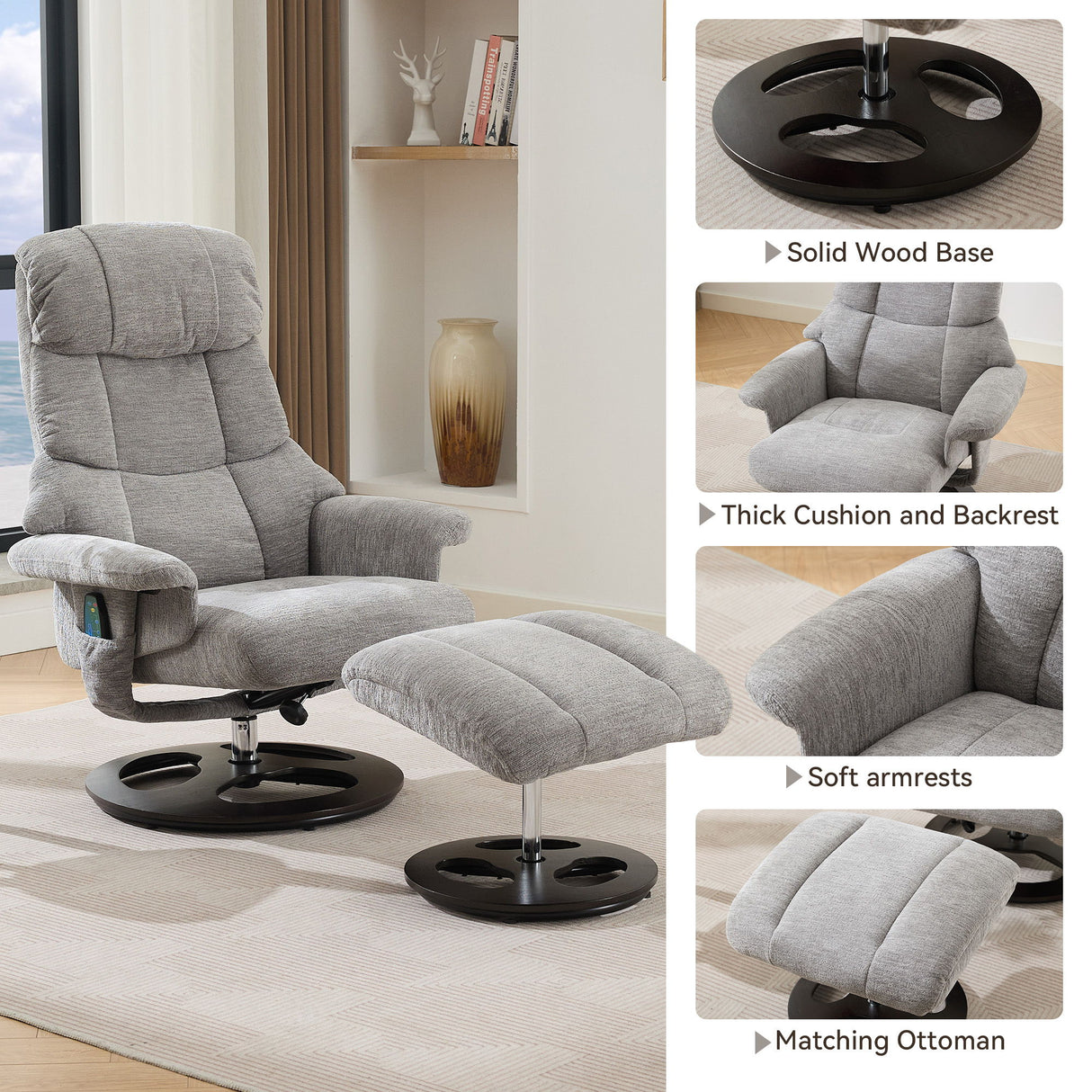 Ergonomic Recliner Chair With Ottoman, Modern 360° Swivel With Footstool