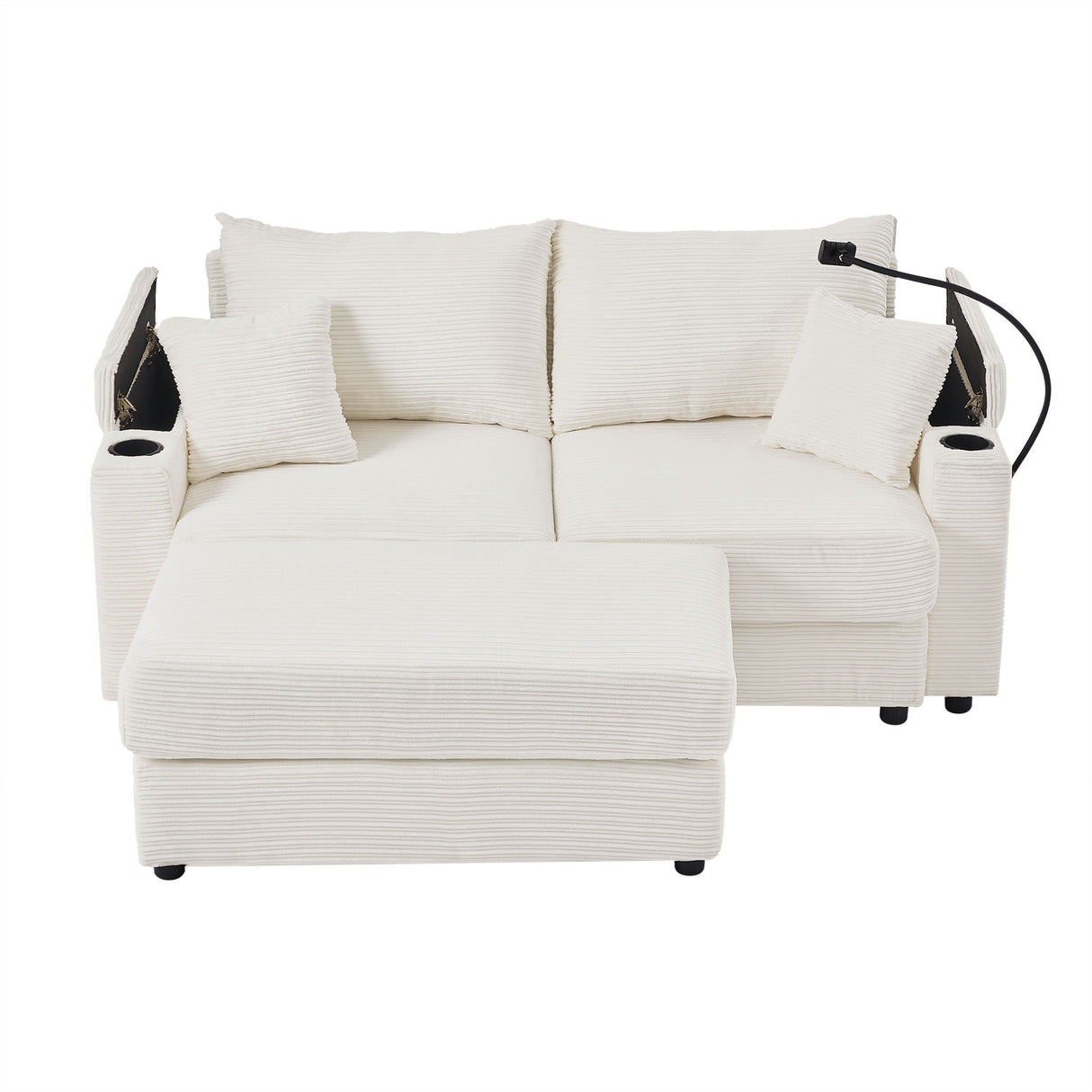 Modern Style Loveseat Sofa Sectional Sofa Couch With Storage Space, A Movable Ottoman, Two USB Ports, Two Cup Holders, A Phone Holder For Living Room