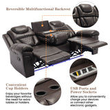 3 Pieces Recliner Sofa Sets Home Theater Seating Manual Recliner Chair & Center Console And LED Light Strip For Living Room - Brown
