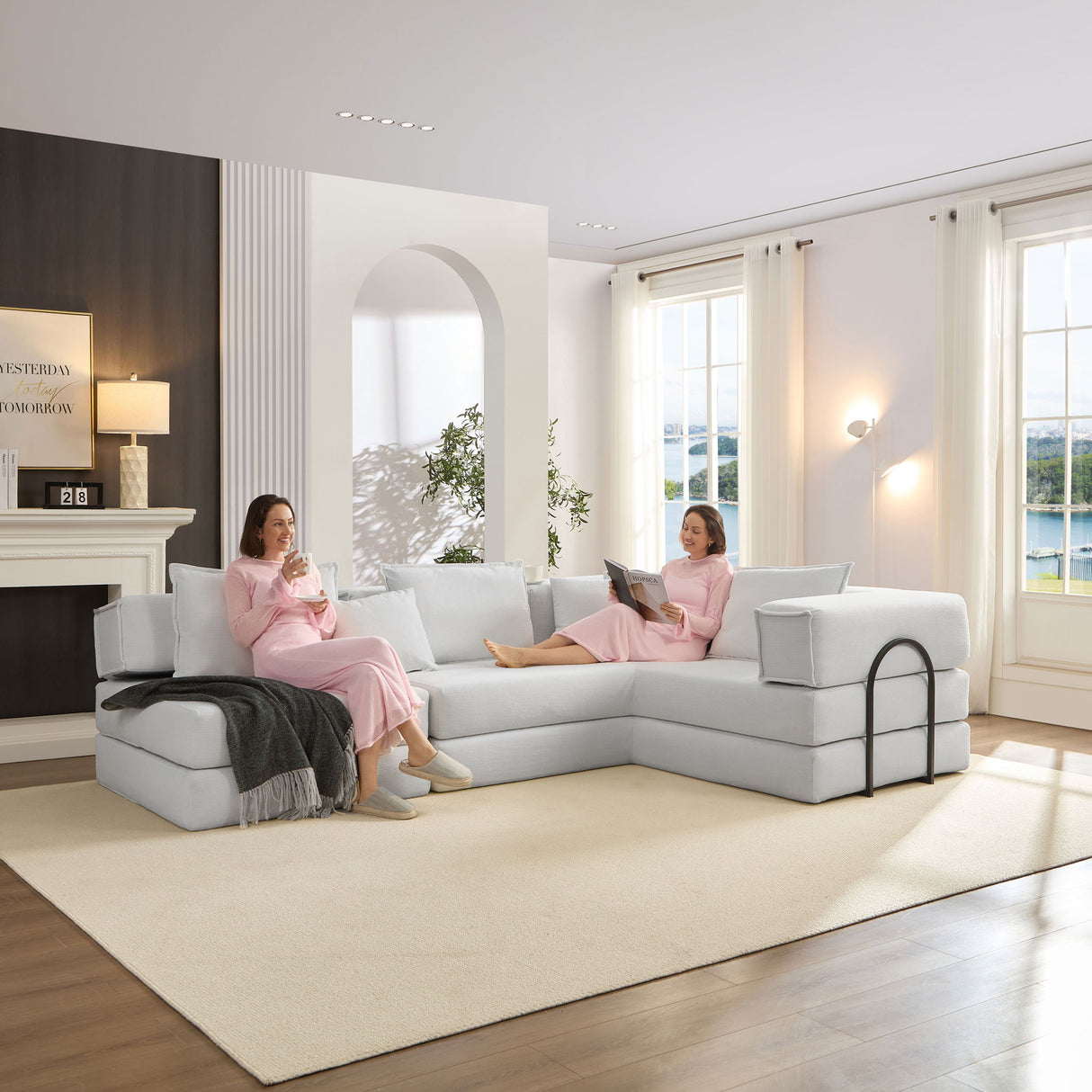 Modular L Shaped Floor Living Room Sofa Set With 6 Pillows