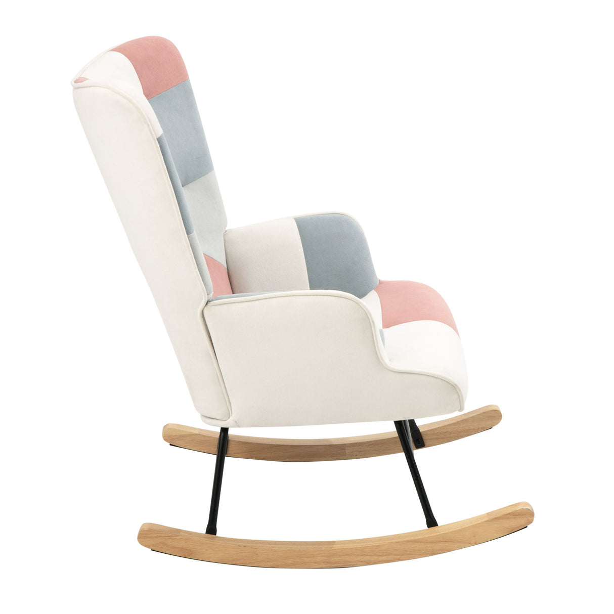 Mid Century Rocking Chair With Ottoman Patchwork Linen Wood Legs Design Living Room And Bedroom - Colorful