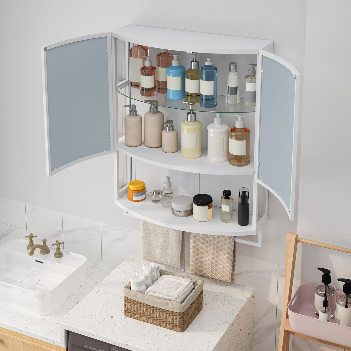 Arched Glass Double Door Wardrobe With Shatterproof Mirror, Open Shelf & Towel Rack