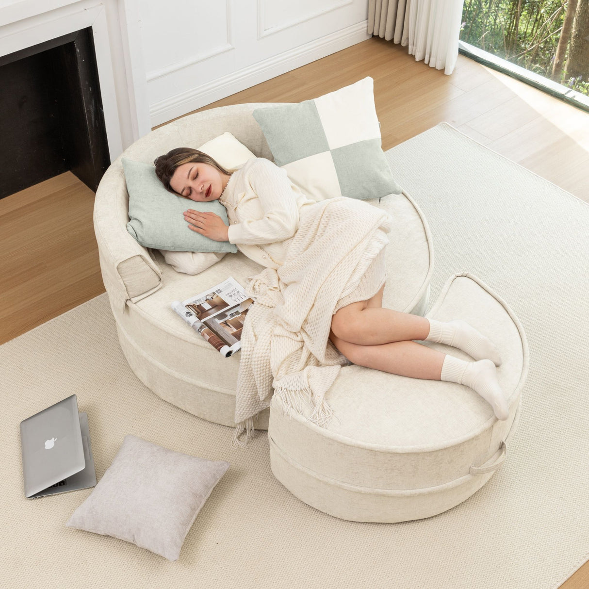 Modern Oversized Round Barrel Accent Chair With Ottoman