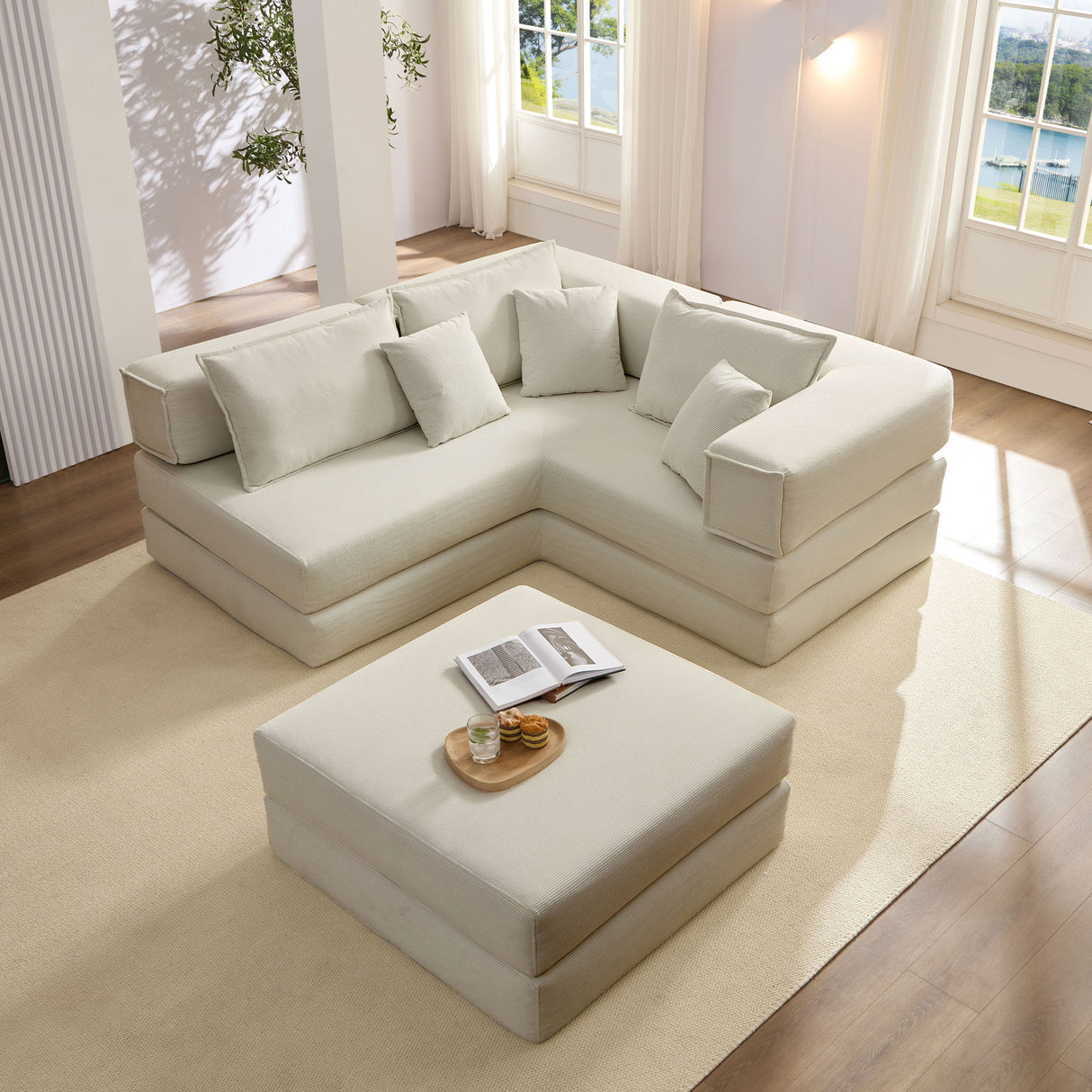 Modular L Shaped Floor Living Room Sofa Set With 6 Pillows