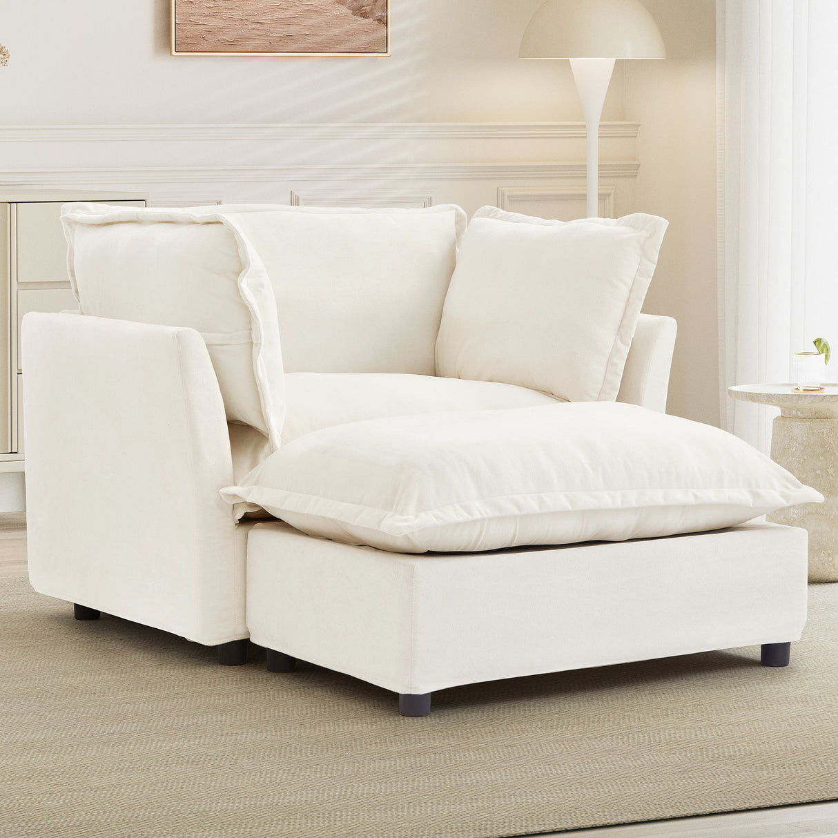 Modern Cozy Upholstered Armchair Sofa With Movable Ottoman
