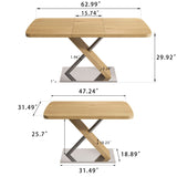 Retractable Square Dining Table, Seating 4 - 6 People, Cross Base With Stainless Steel Tubing, Expandable - Natural