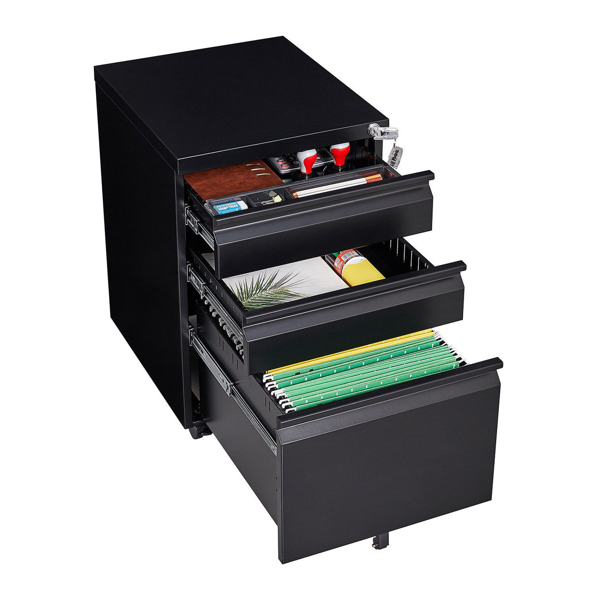 Contemporary Black 3 Drawer Mobile Filing Cabinet With Lock, Metal Office Storage For Legal / Letter Size