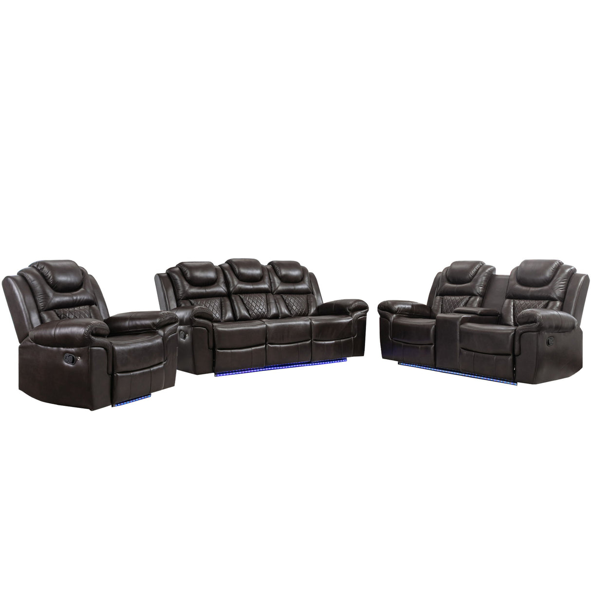 3 Pieces Recliner Sofa Sets Home Theater Seating Manual Recliner Chair & Center Console And LED Light Strip For Living Room - Brown