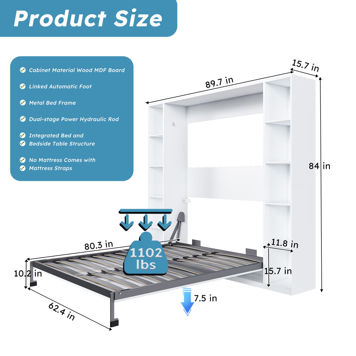 Queen Murphy Bed With Storage Cabinet - White
