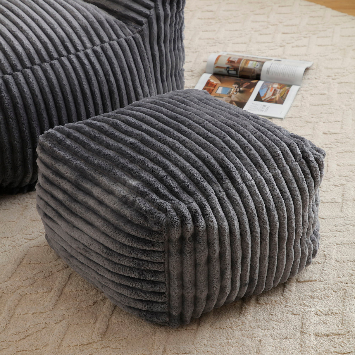 Giant Plush Bean Bag Chair With Armrests And Footstool
