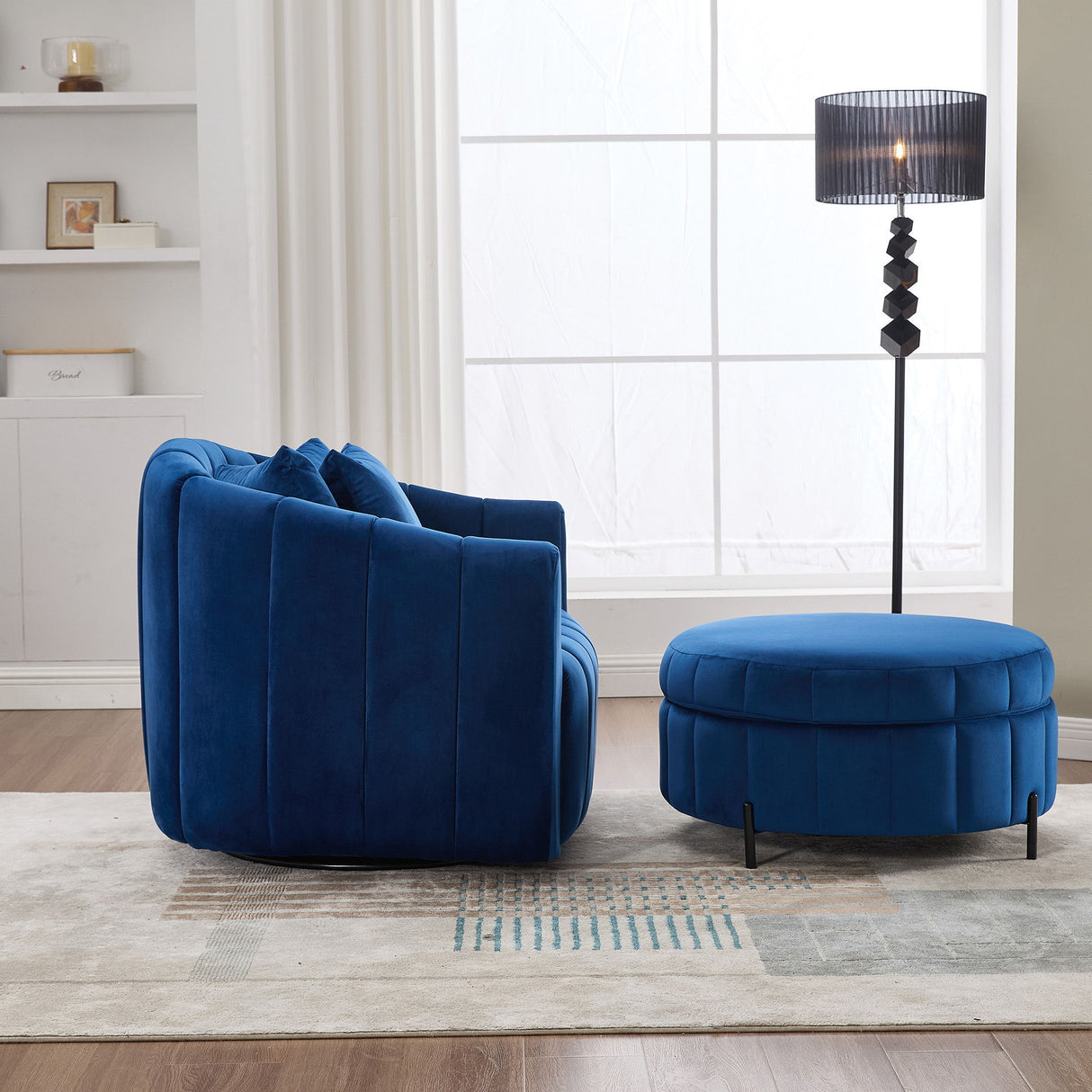 Oversized Velvet Swivel Barrel Accent Chair And Ottoman Set With Storage