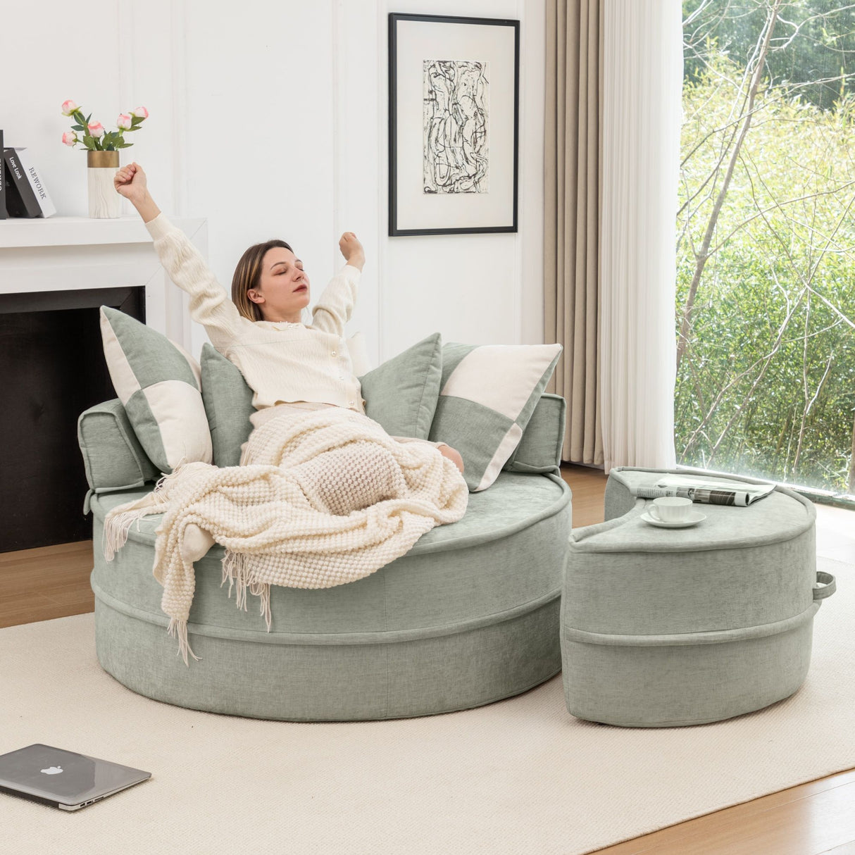 Modern Oversized Round Barrel Accent Chair With Ottoman