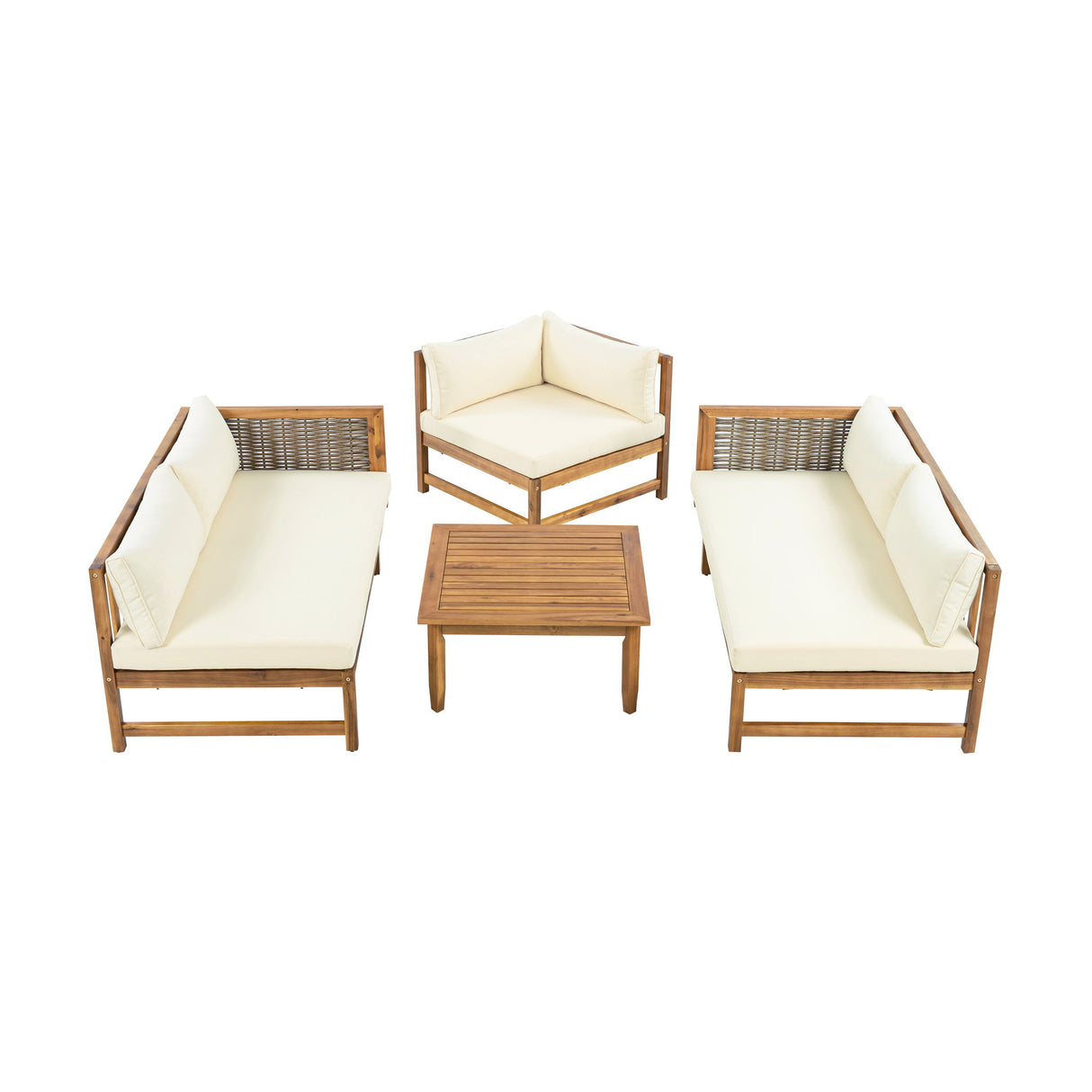 Premium Outdoor Sofa Set With Waterproof Cushions Sectional Seating Group With Acacia Wood And Wicker - Brown Mix / Beige