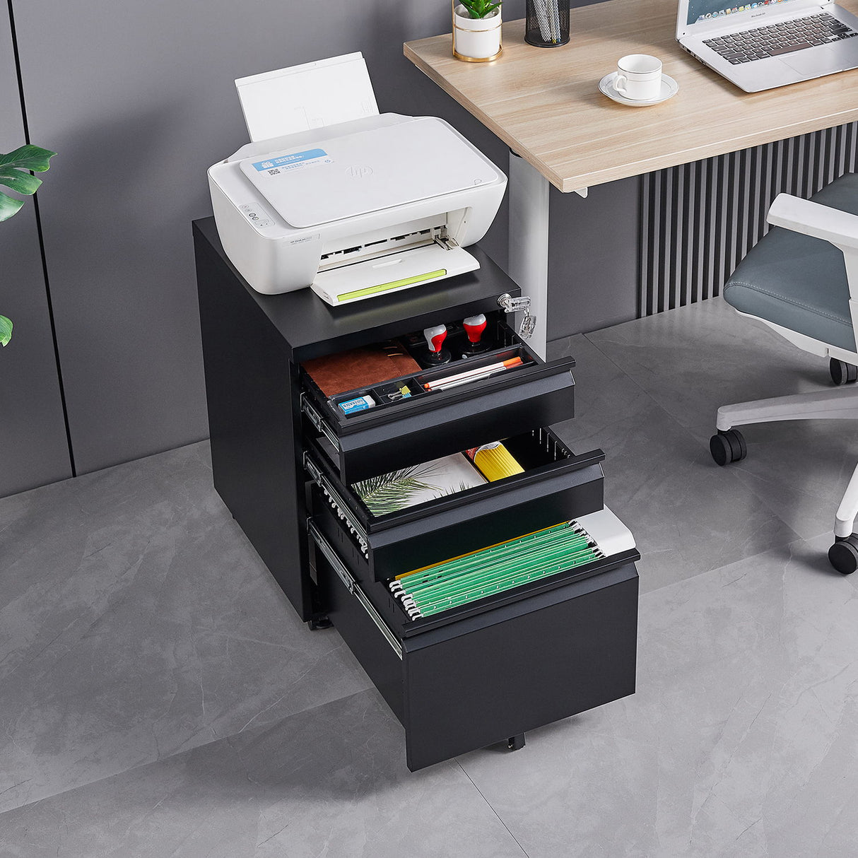 Contemporary Black 3 Drawer Mobile Filing Cabinet With Lock, Metal Office Storage For Legal / Letter Size