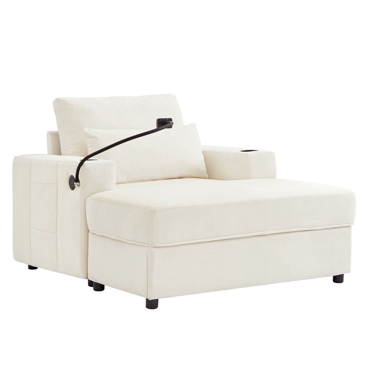 Modern Style Armchair Chaise Lounge Sofa Couch With Movable Storage Ottoman, USB Ports, Cup Holders, Phone Holder, Side Pockets
