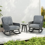 Modern 3 Piece Outdoor Seating Set With Cushioned Rattan Rocking Chairs And Wooden Accent Table