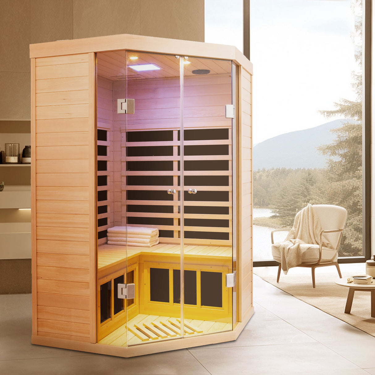 2 Persons Large Glass Front Deluxe Version Hemlock Far Infrared Corner Sauna Room - Natural