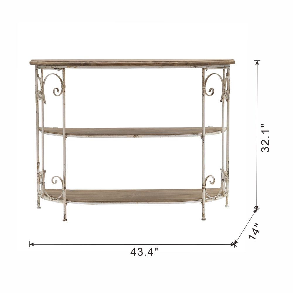 3 Tiered Wooden Shelving Unit With Ornate Iron Frame - Multicolor