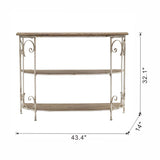 3 Tiered Wooden Shelving Unit With Ornate Iron Frame - Multicolor