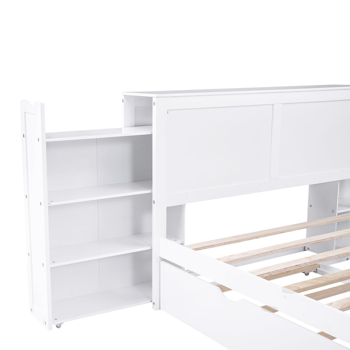 Storage Platform Bed With Pull Out Shelves And Trundle