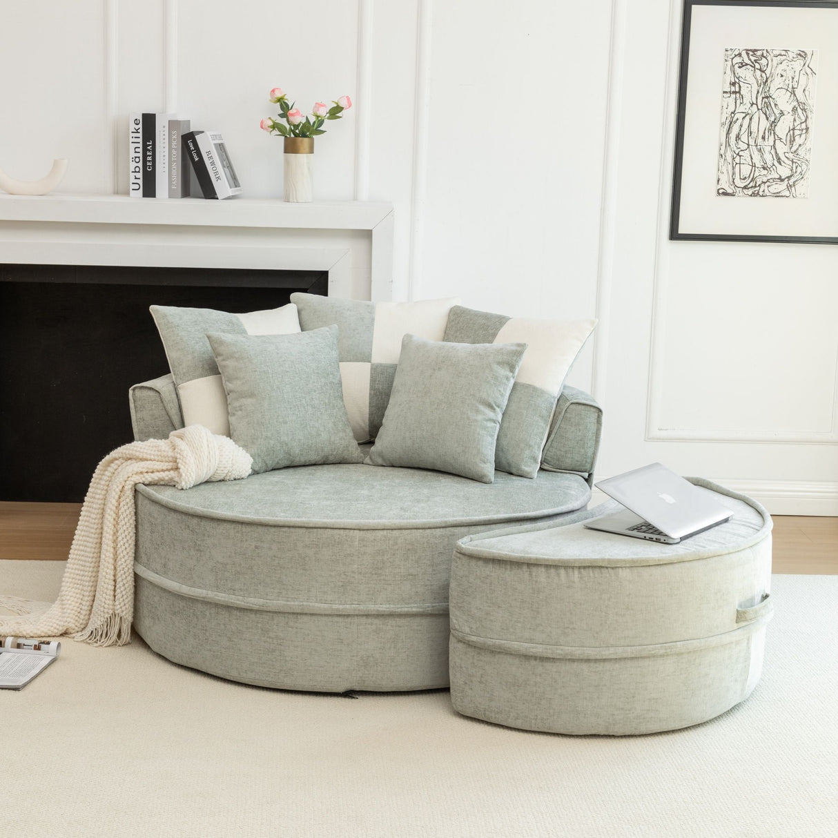 Modern Oversized Round Barrel Accent Chair With Ottoman