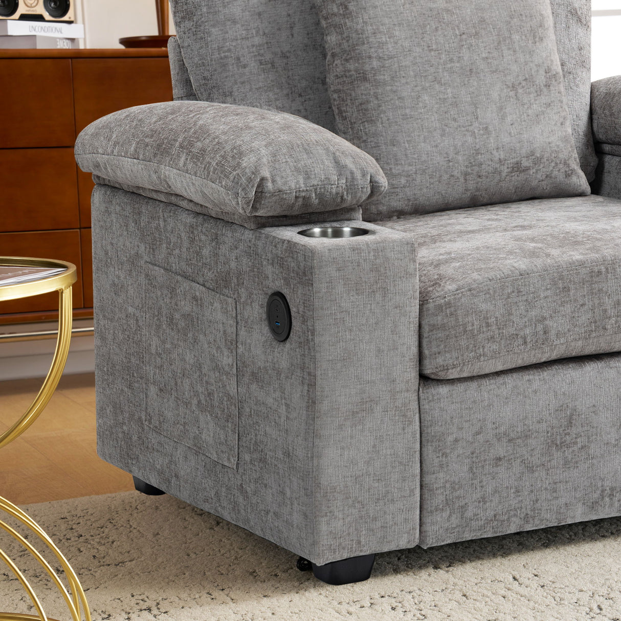 Modern Oversized Chair With Ottoman, Cupholders And USB Charging Ports