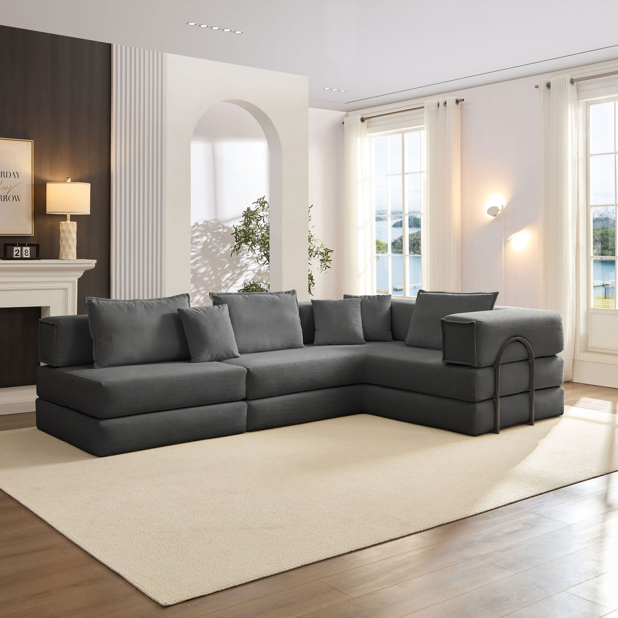 Modular L Shaped Floor Living Room Sofa Set With 6 Pillows