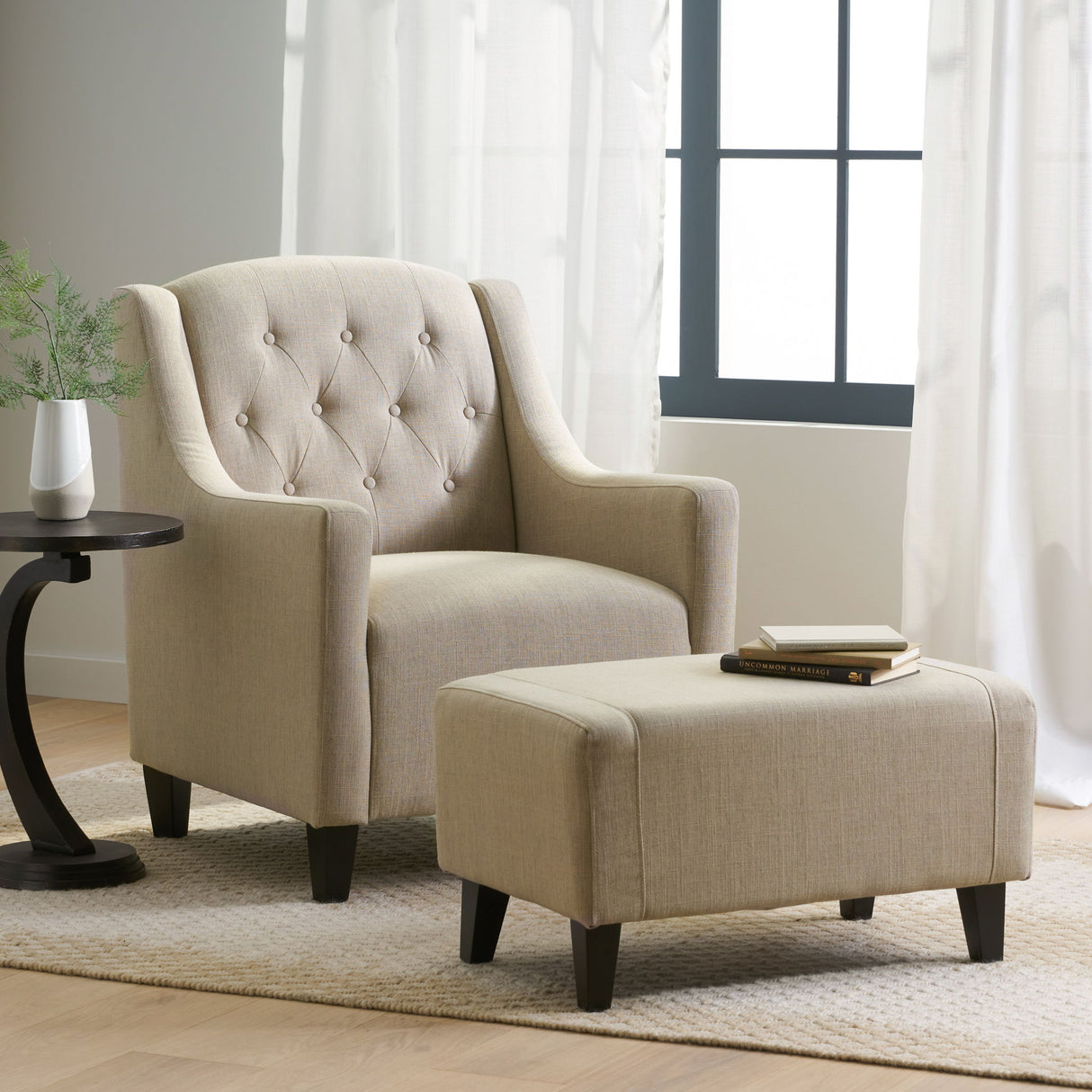 Elegant Upholstered Armchair With Ottoman Set - Beige