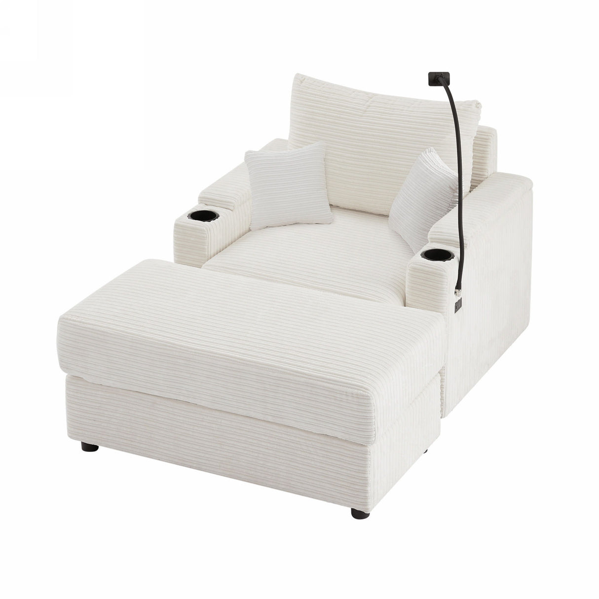 Single Sofa Couch With Storage Space, Movable Ottoman, USB Ports, Cup Holders, Phone Holder