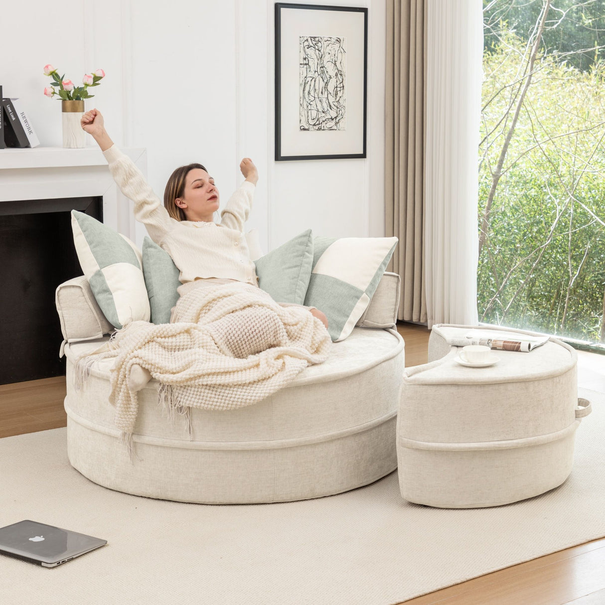 Modern Oversized Round Barrel Accent Chair With Ottoman