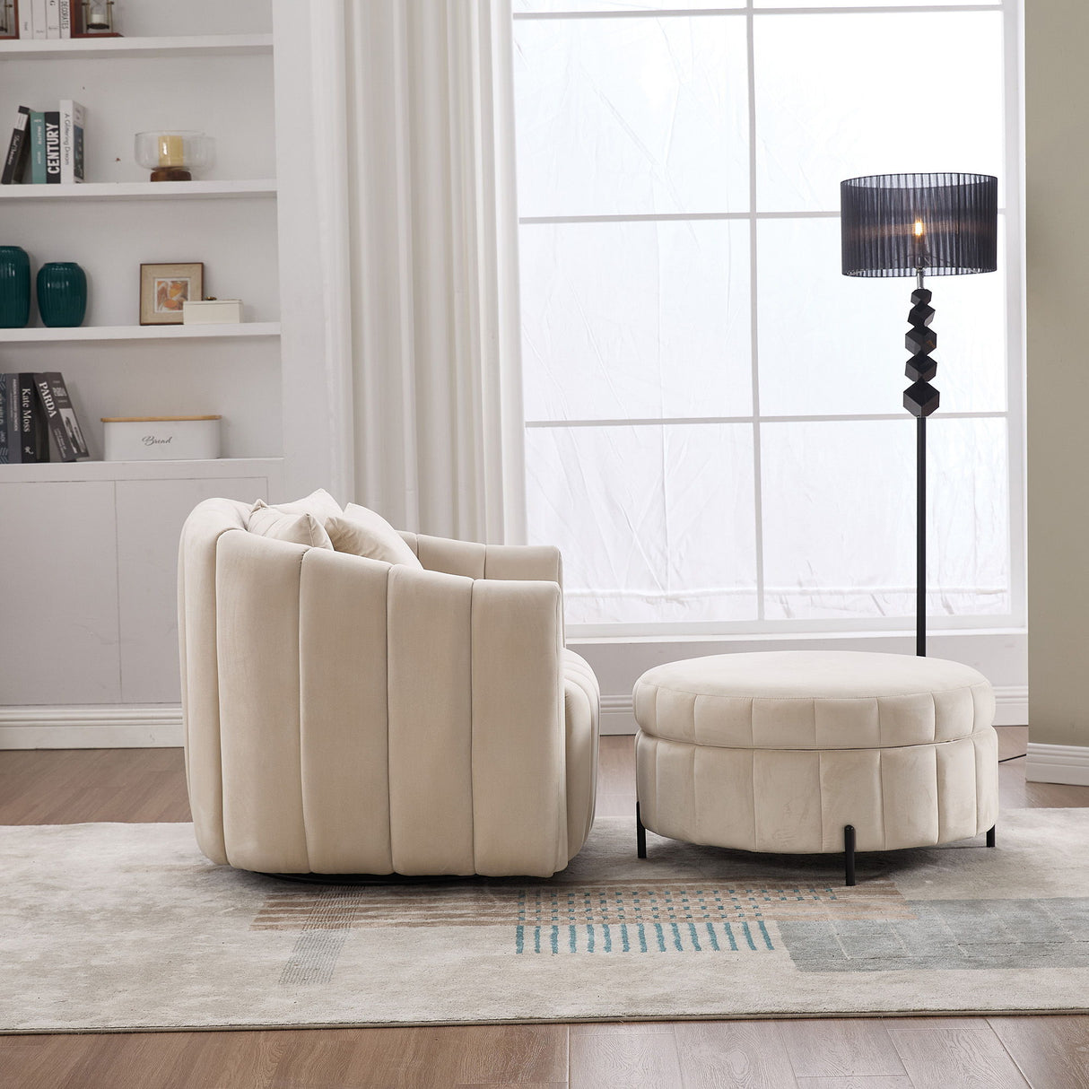 Oversized Velvet Swivel Barrel Accent Chair And Ottoman Set With Storage