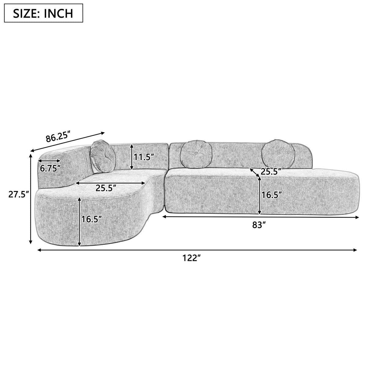 Extra Large Sectional Sofa Soft Fabric Upholstery, Elegant Curved Design With 3 Round Cushions, High - Resilience Foam For Ultimate Comfort - Beige