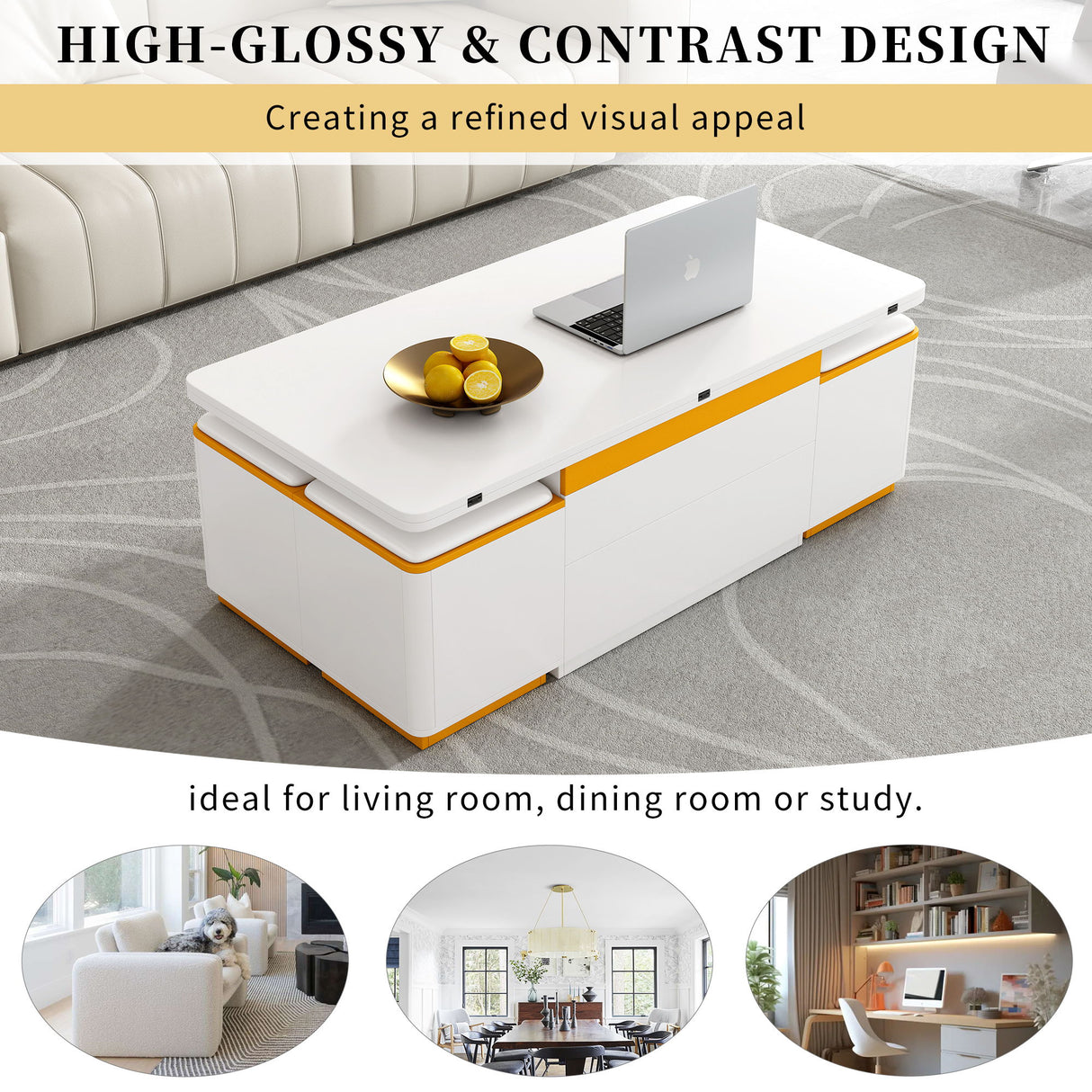 Multi Functional Adjustable Coffee Table With 4 Storage Stools