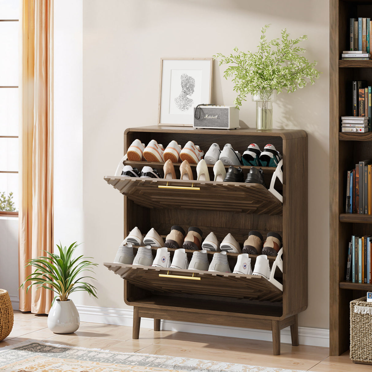Freestanding Shoe Cabinet With 2 Flip Top Drawers For Entryway - Walnut