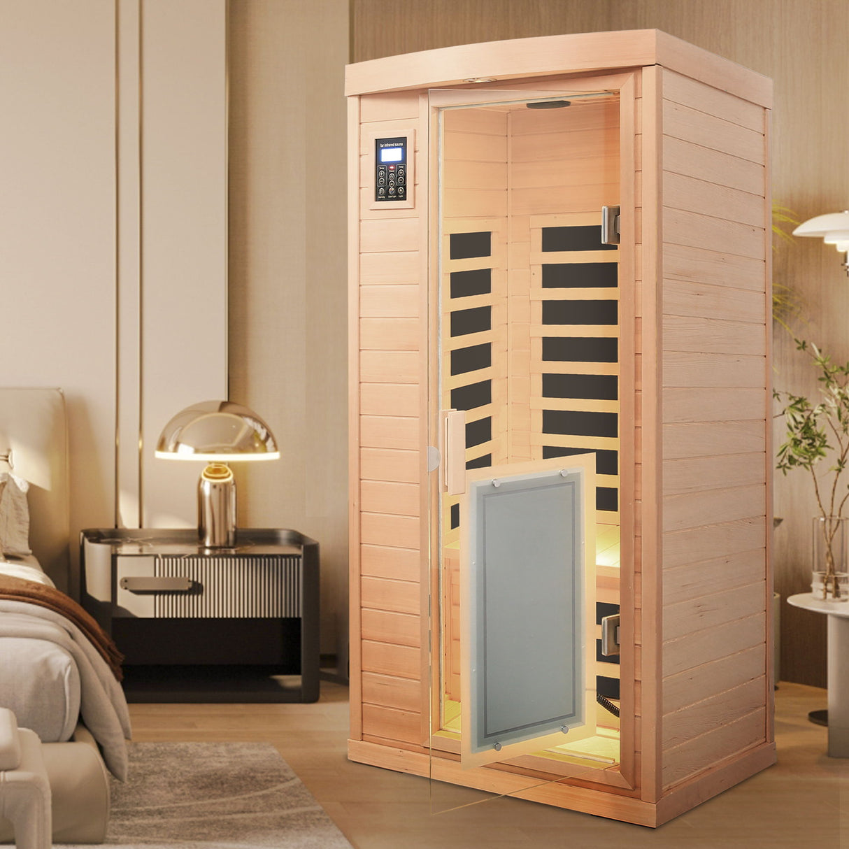 Low Emf Front Door With Heating Panel 1 People Hemlock Far Infrared Indoor Sauna Room - Natural