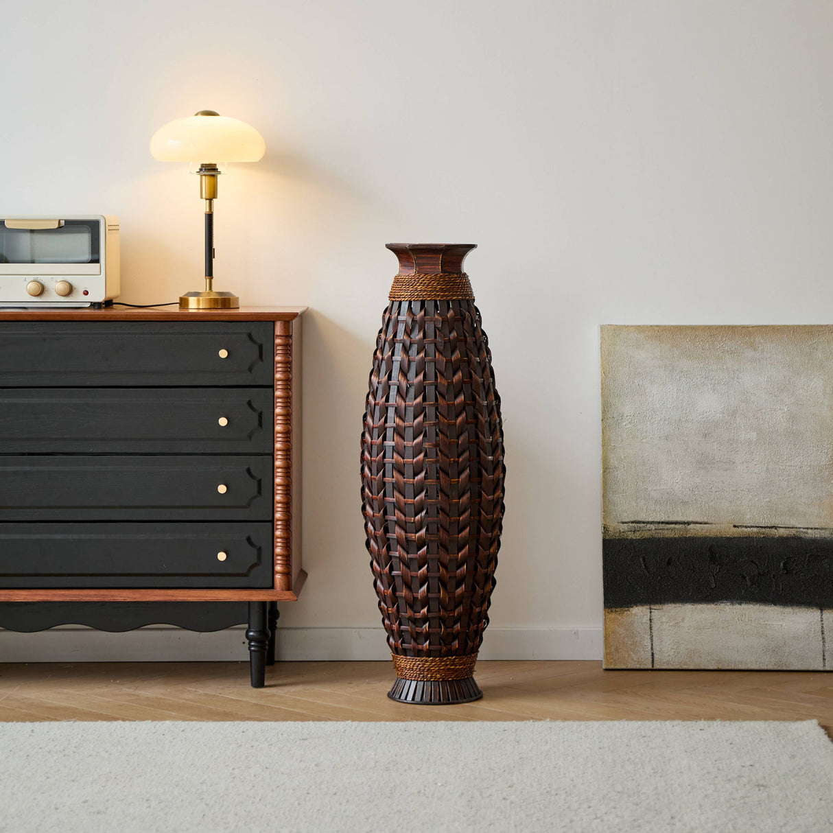 Hand Woven Bamboo Floor Vase, Decorative Accent For Living Room - Acacia Wood