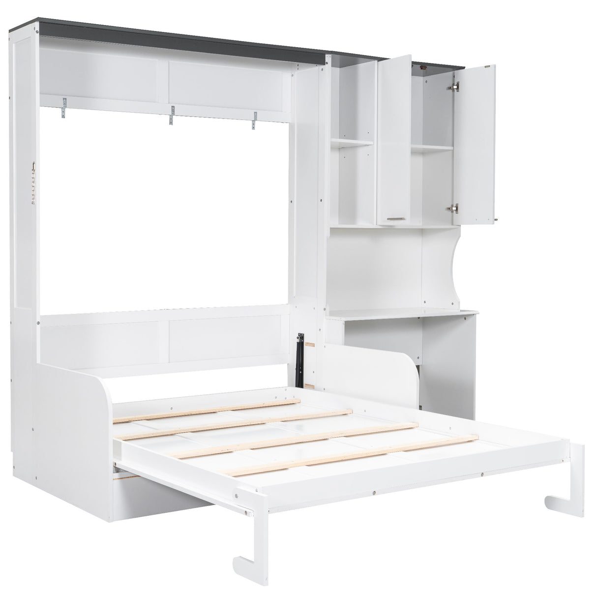 Multi Functional Murphy Bed With Sofa, Desk, And Storage Cabinet, Queen Size - White