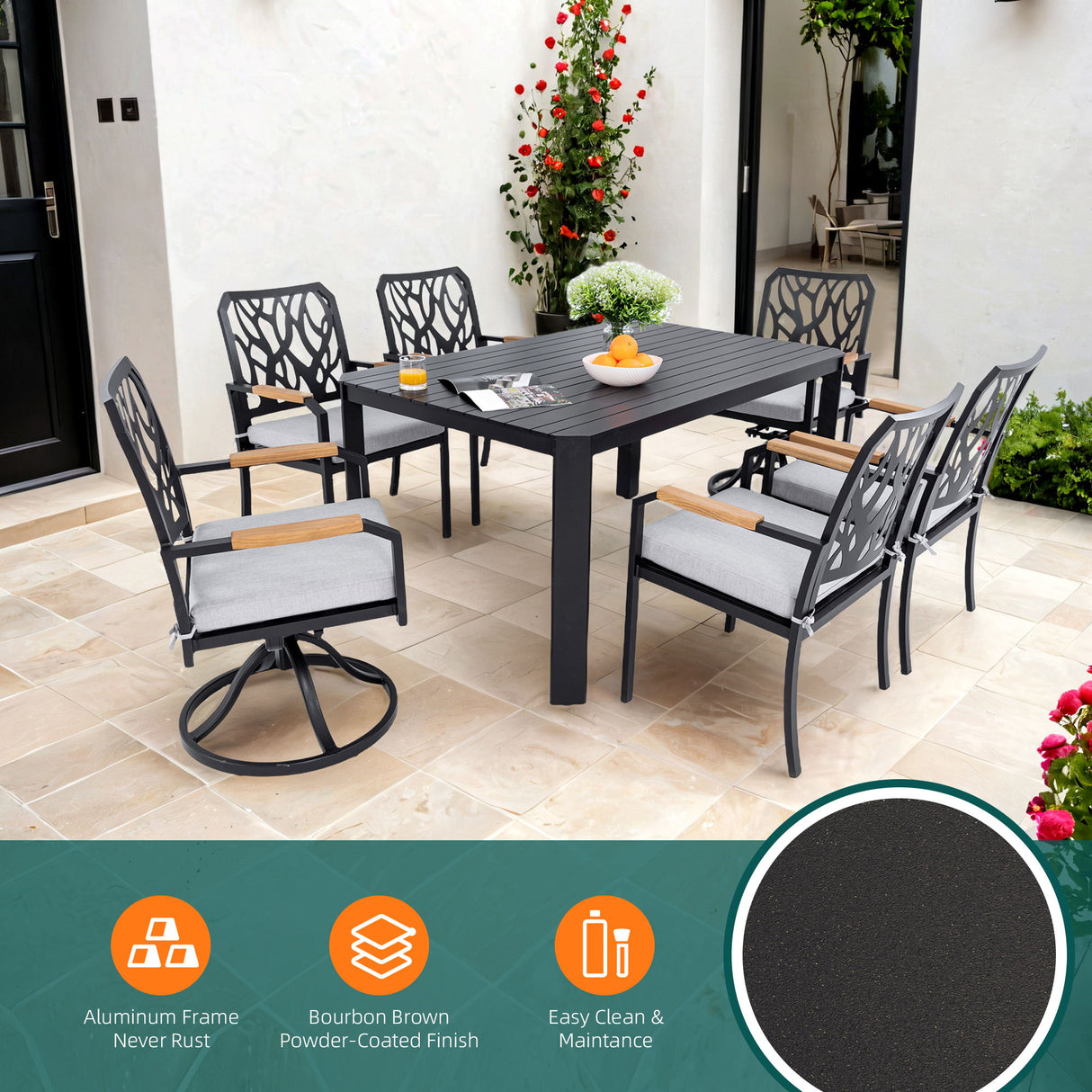 Outdoor Patio Furniture Dining Set With Sunbrella Fabric, Rectangular Table With Umbrella Hole