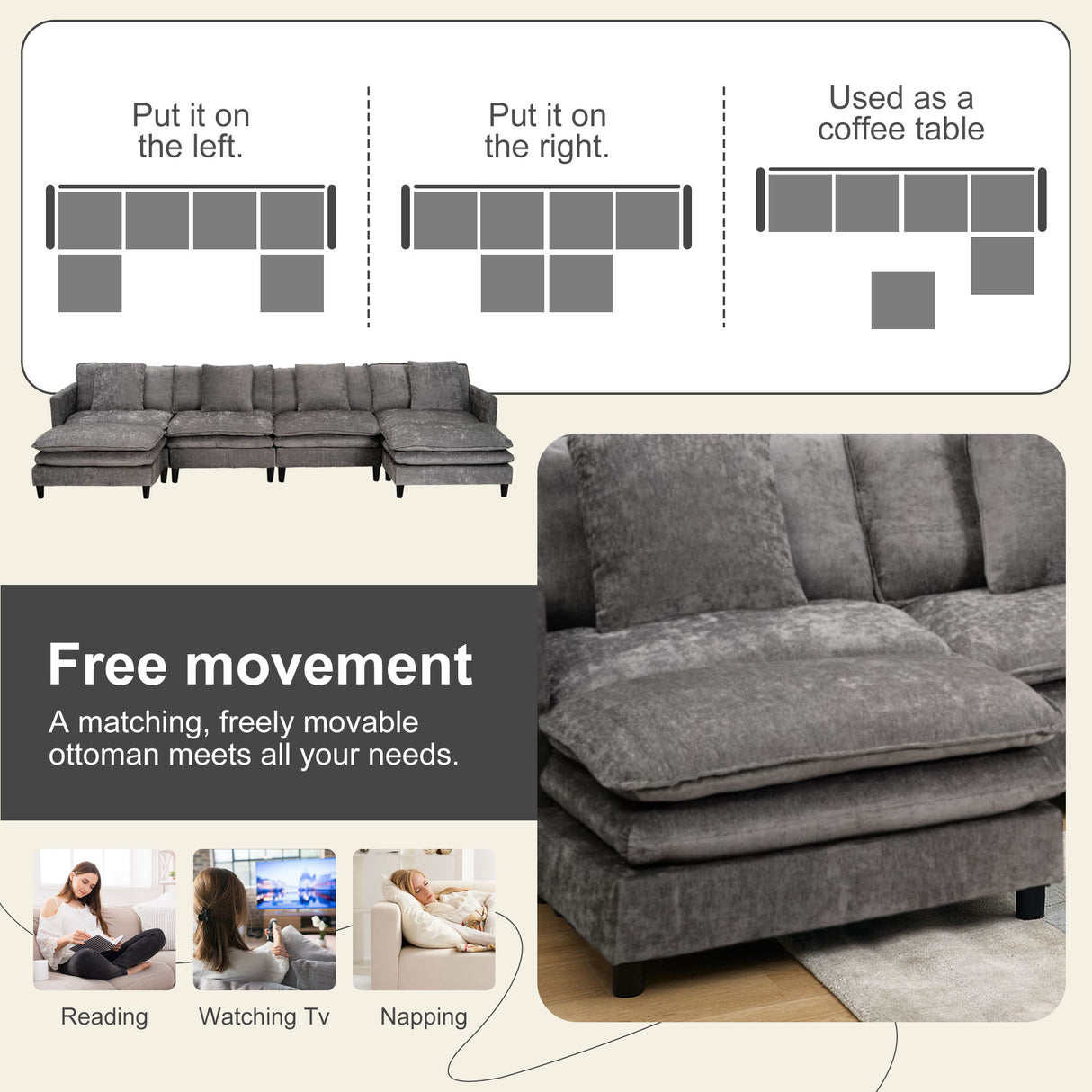 Modular U Shaped Sofa, With Adjustable Layout For Comfort And Durability - Gray