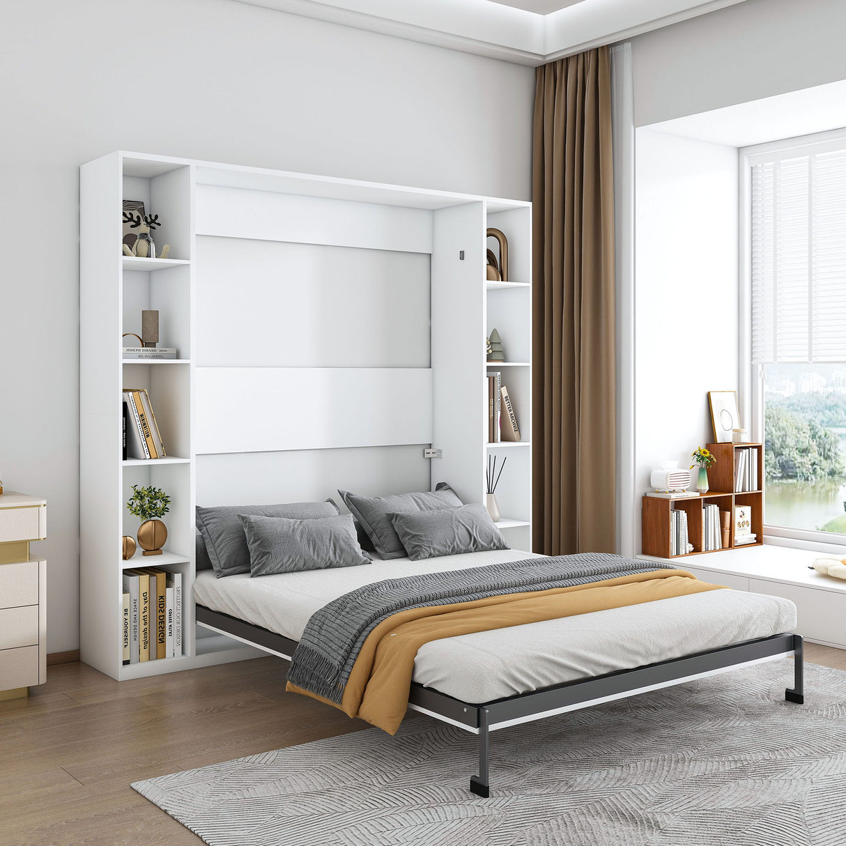 Queen Murphy Bed With Storage Cabinet - White