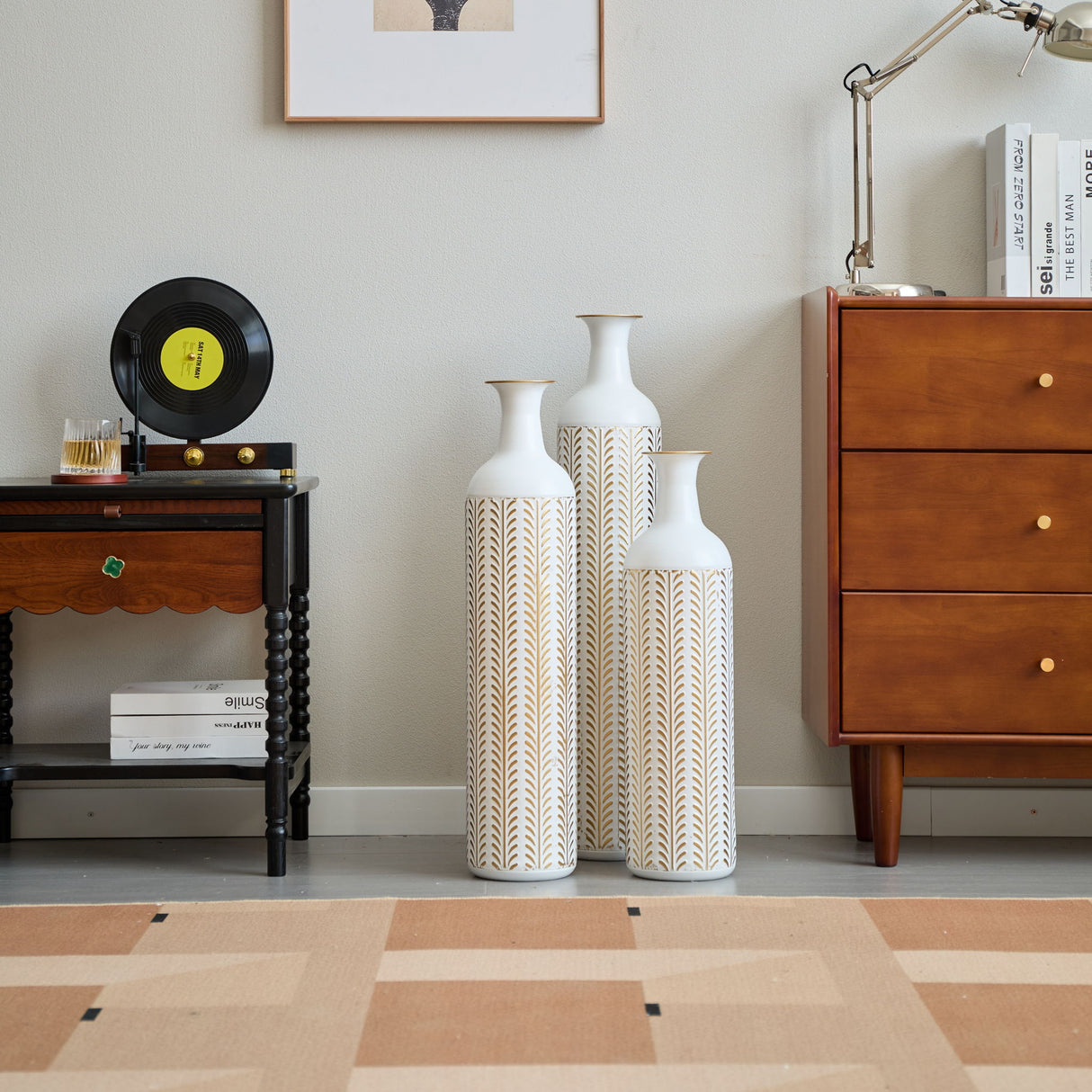 Floor Metal Vase Modern Style Decoration Home Metal Vase 3 Piece Set Gorgeous Home Decoration Large Glazed Metal Vase - Gold / White