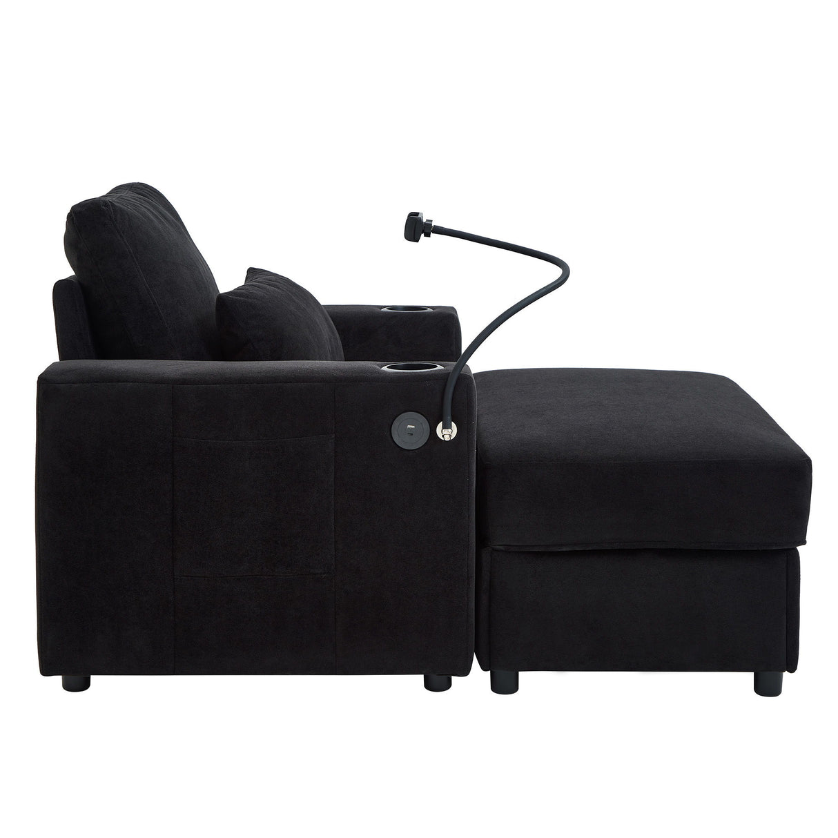 Modern Style Armchair Chaise Lounge Sofa Couch With Movable Storage Ottoman, USB Ports, Cup Holders, Phone Holder, Side Pockets