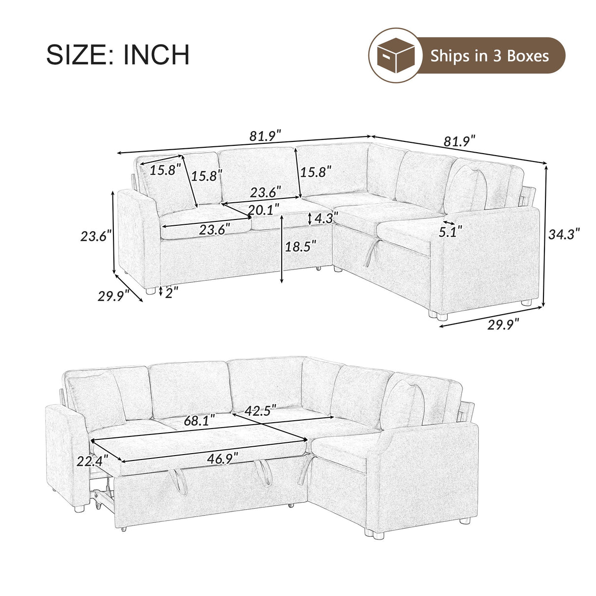 Modern L Shaped Sectional Sofa Bed With Hidden Storage Chenille Upholstery