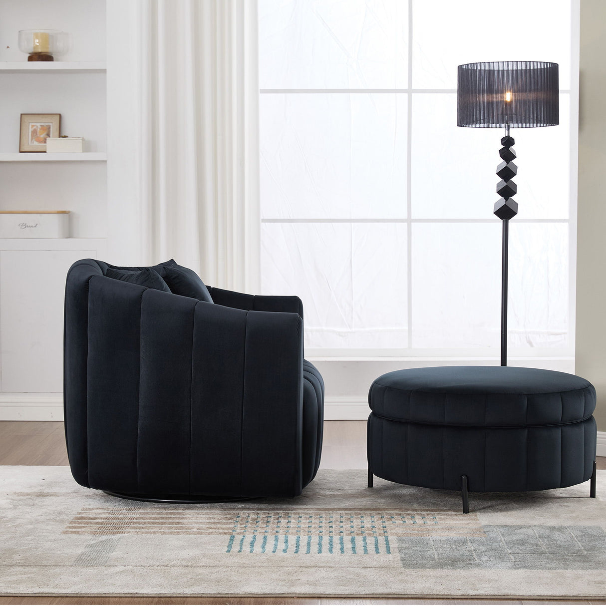 Oversized Velvet Swivel Barrel Accent Chair And Ottoman Set With Storage