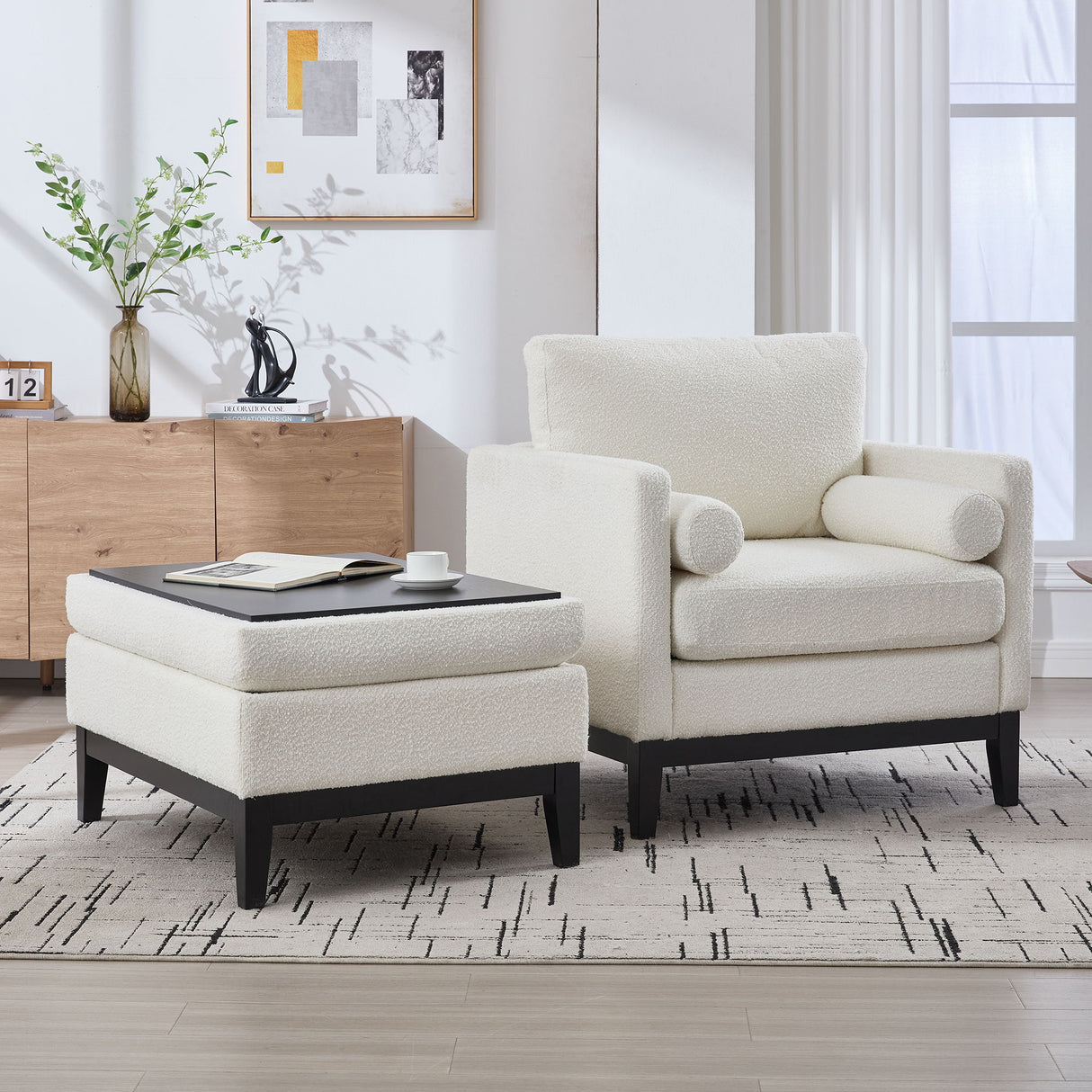 Farmhouse Upholstered Accent Chair With Ottoman, Reversible Lid Coffee Table