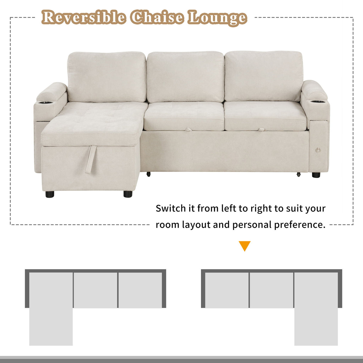 Convertible L Shaped Sofa Couch With Storage, Cup Holders, USB Ports