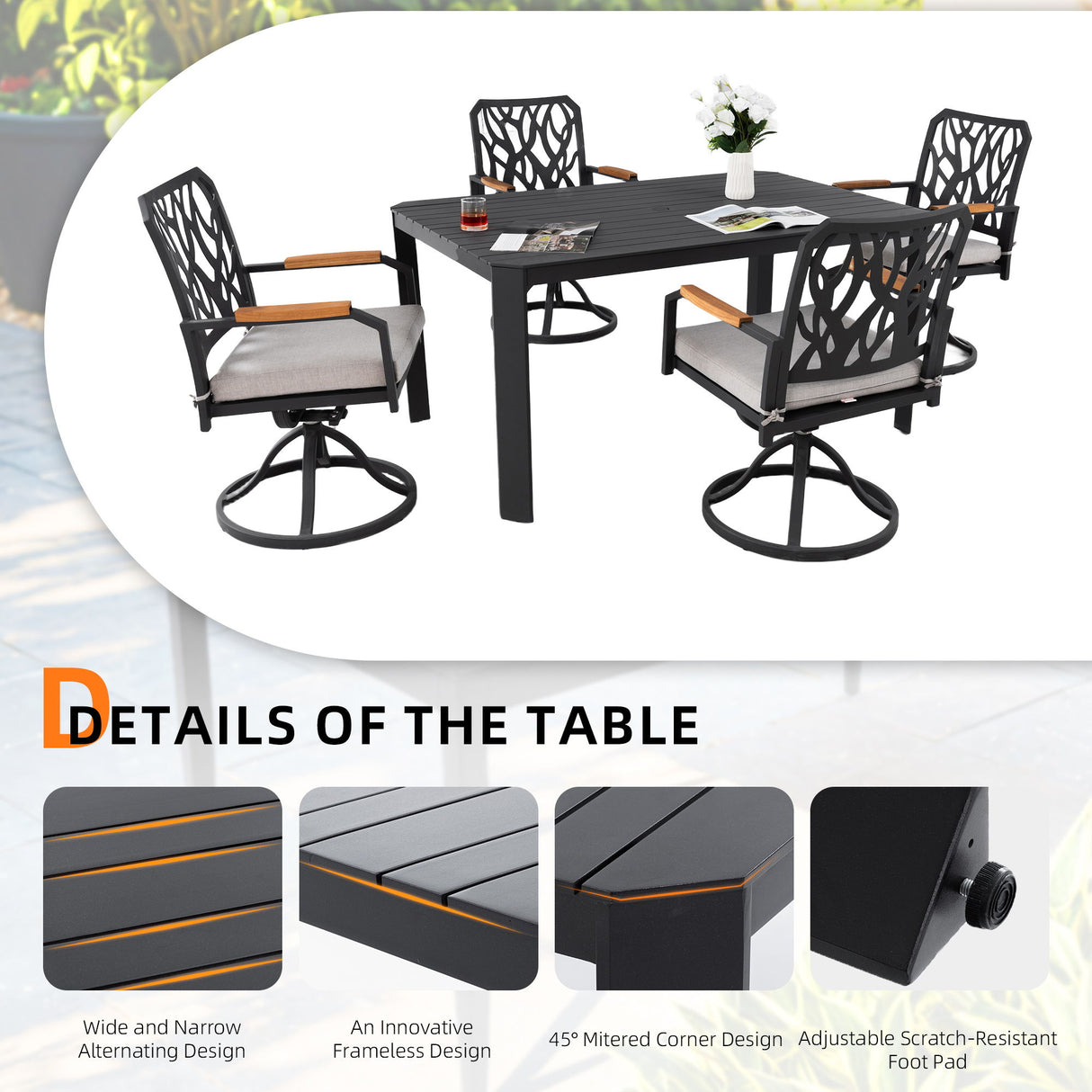 Outdoor Patio Furniture Dining Set With Sunbrella Fabric, Rectangular Table With Umbrella Hole
