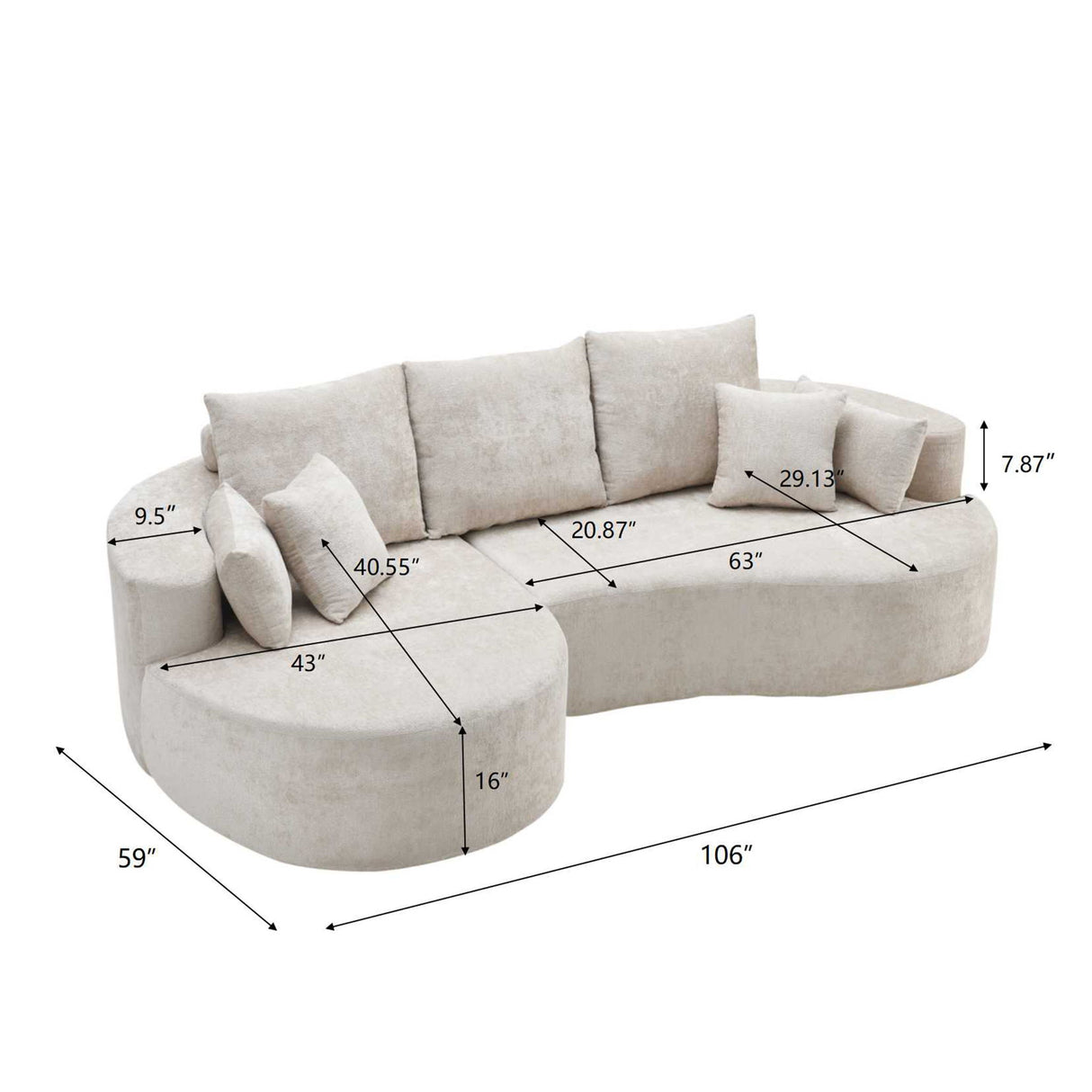 2 Piece Fabric Cloud Curved Sectional Sofa With Chaise For Living Room